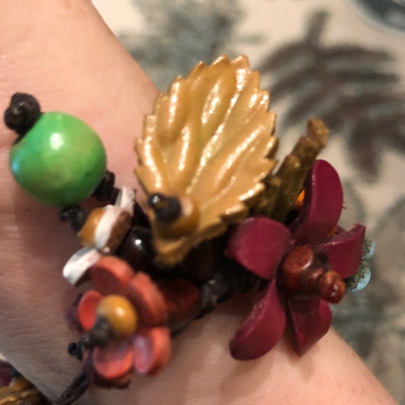 Floral Leather and Wood Bracelet with Orange and White Accents - Picture 4 of 4